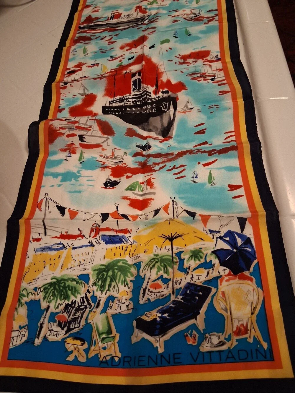 VTG Adrienne Vittadini 100% Silk Scarf Riviera Resort Novelty Print 11x50